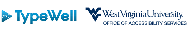 A light blue TypeWell logo beside the dark blue WVU wordmark for the Office of Accessibility Services.