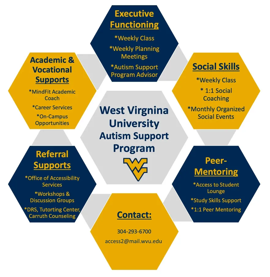 A chart featuring the various aspects of the Autism Support Program, including Executive Functioning Support, Social Skills Coaching, Peer Mentoring, Academic and Vocational Support, and Referral Support. A text version is available at the link below.